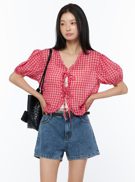 plaid-ribbon-tie-short-sleeve-cardigan-blouse-iu519 / Red