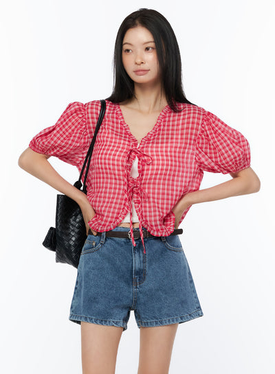 plaid-ribbon-tie-short-sleeve-cardigan-blouse-iu519 / Red