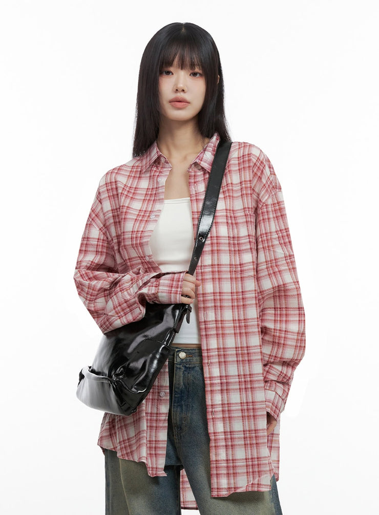 checkered-cotton-oversized-shirt-io430 / Red