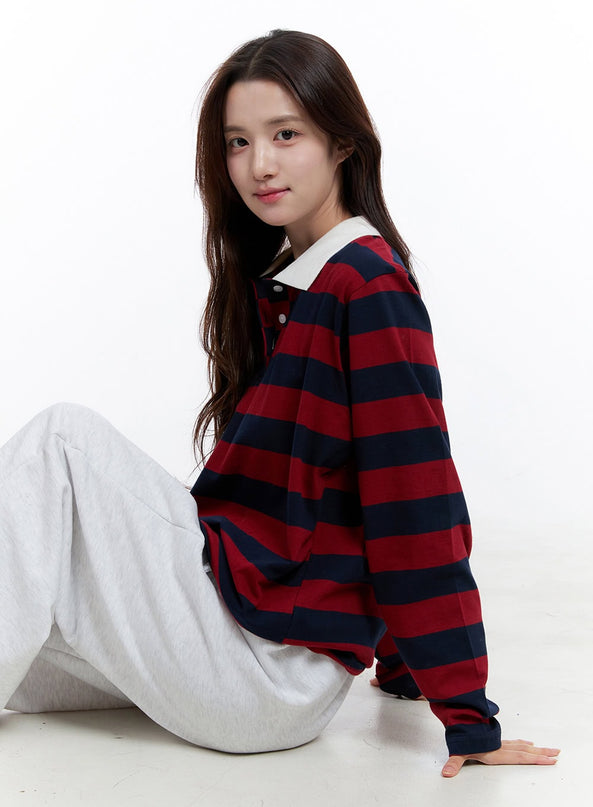 stripe-buttoned-collar-t-shirt-oo407 / Red