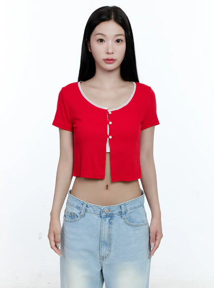 cropped-button-up-short-sleeve-cardigan-cg512 / Red