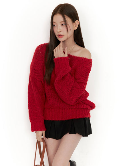 one-shoulder-solid-sweater-od412 / Red