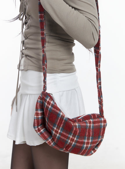 plaid-fleece-crossbody-bag-cj527 / Red