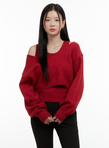 v-neck-cropped-sweater-on408 / Red