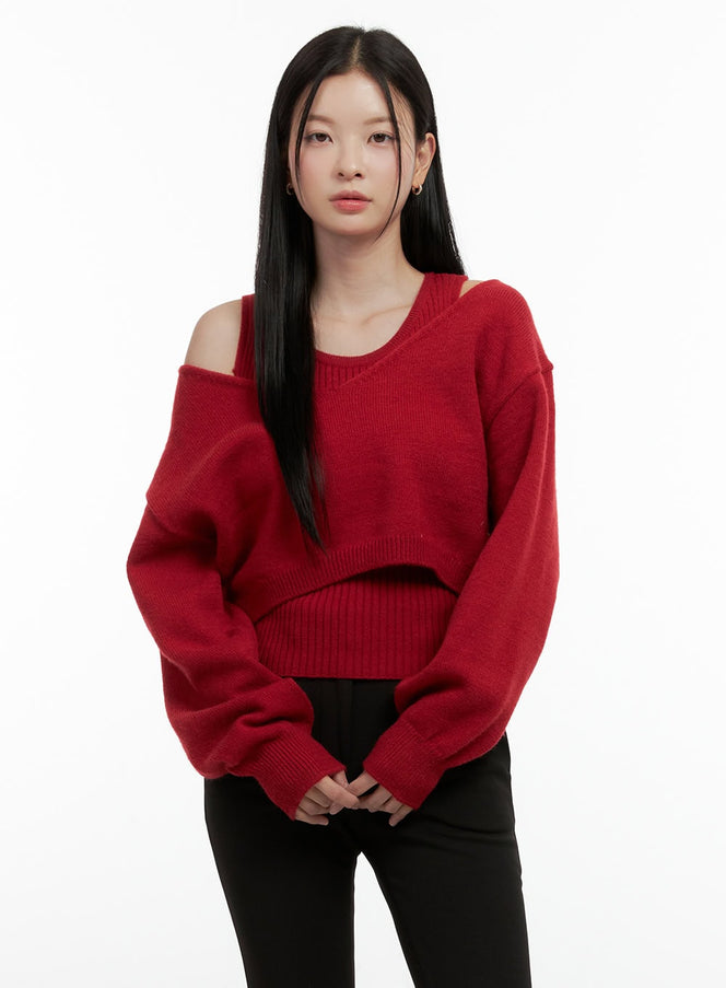 v-neck-cropped-sweater-on408 / Red