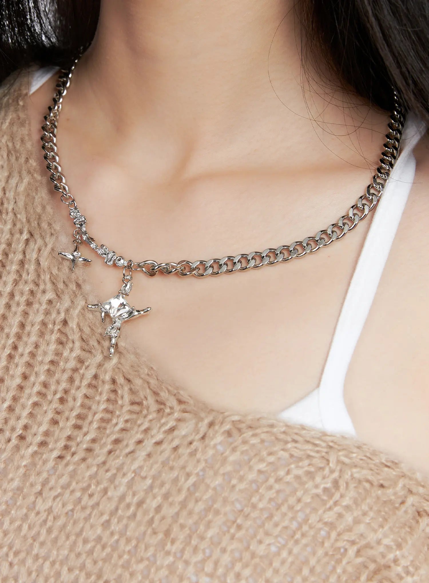 twin-star-chain-necklace-cg526 / Silver