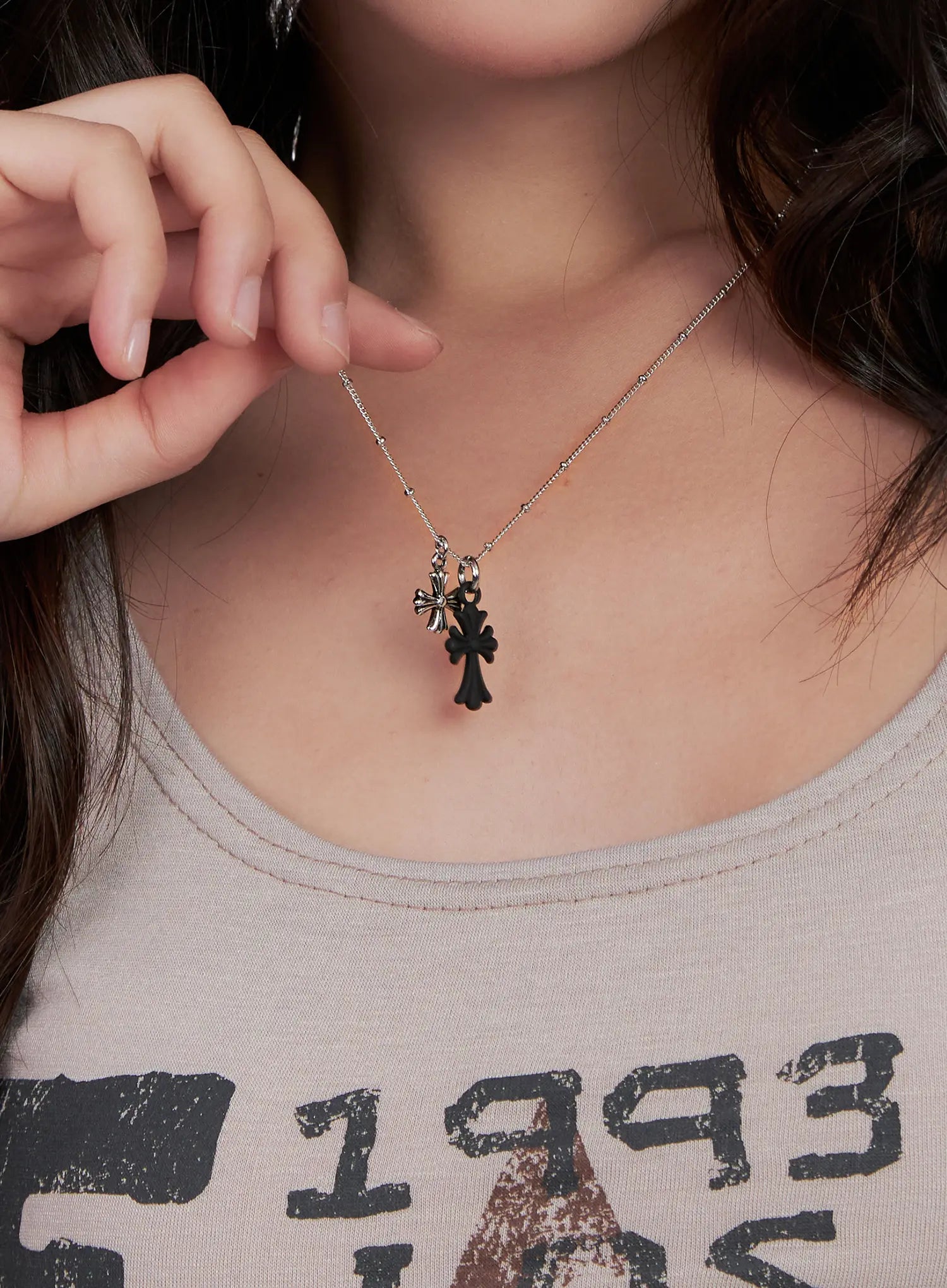 double-cross-pendant-necklace-cl522 / Silver