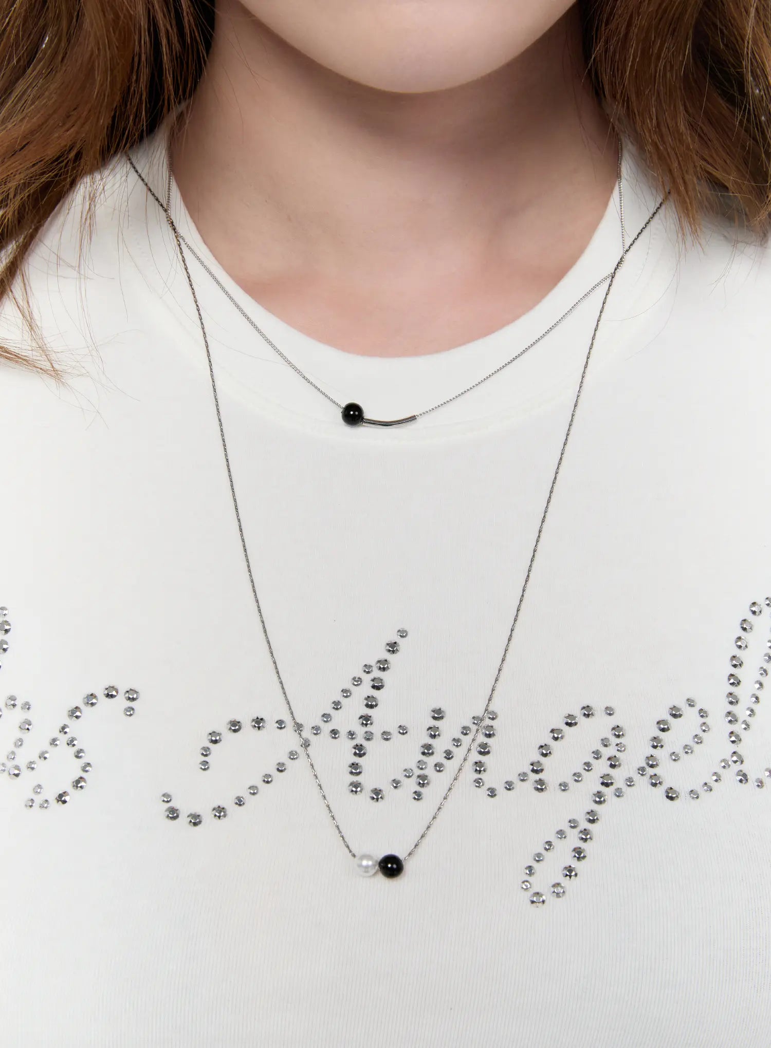black-faux-pearl-layered-necklace-ca527 / Silver