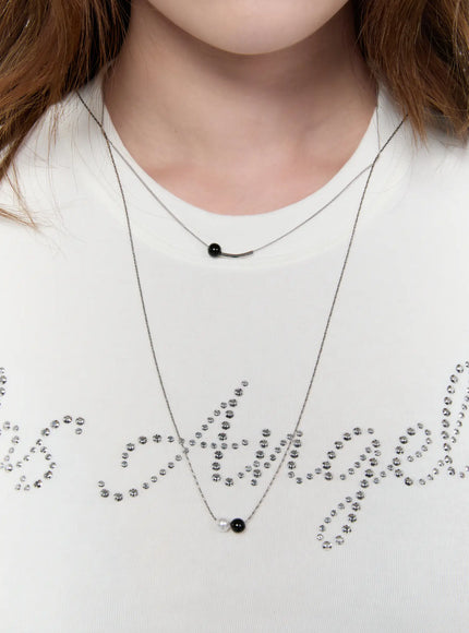 black-faux-pearl-layered-necklace-ca527 / Silver