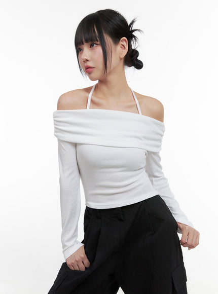 halter-off-shoulder-sleeve-tee-os409 / White