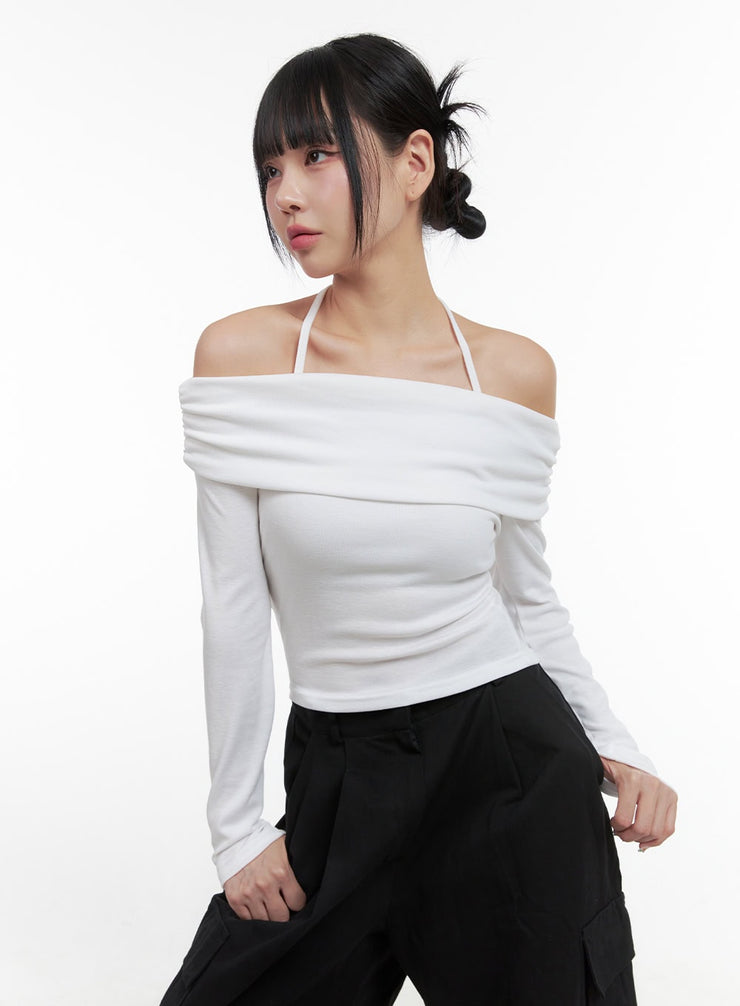 halter-off-shoulder-sleeve-tee-os409 / White