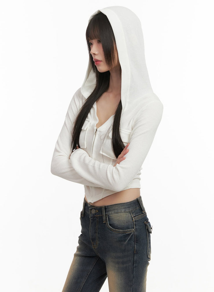 cropped-v-neck-zip-up-hoodie-cd426 / White