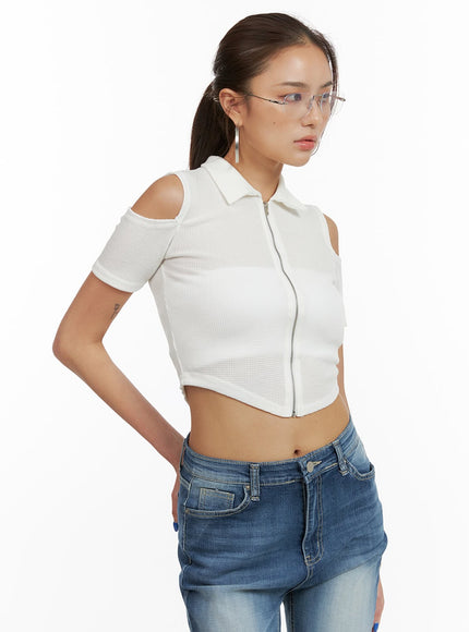 shoulder-cut-out-collar-crop-top-cy431 / White