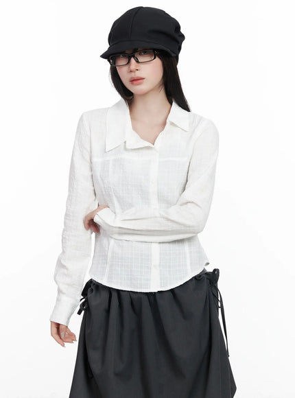 asymmetric-plaid-long-sleeve-shirt-cf523 / White