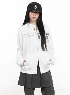 oversized-graphic-zip-up-hoodie-cf523 / White