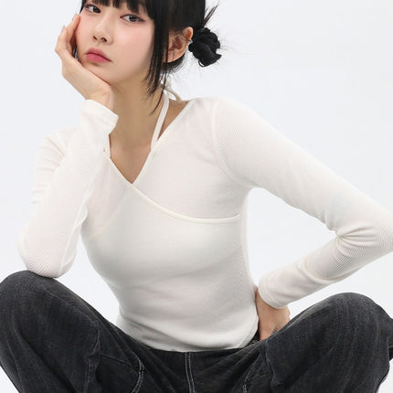 wrap-halter-neck-slim-fit-tee-in310 / White