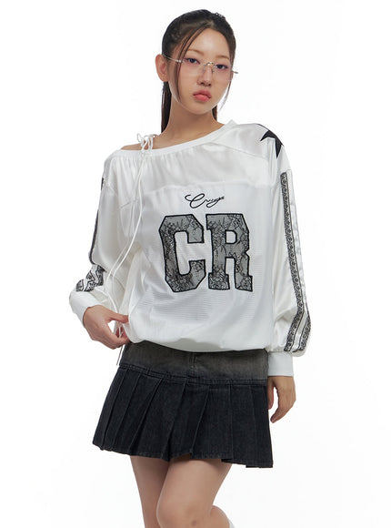 lace-tie-graphic-print-sweatshirt-cs425 / White