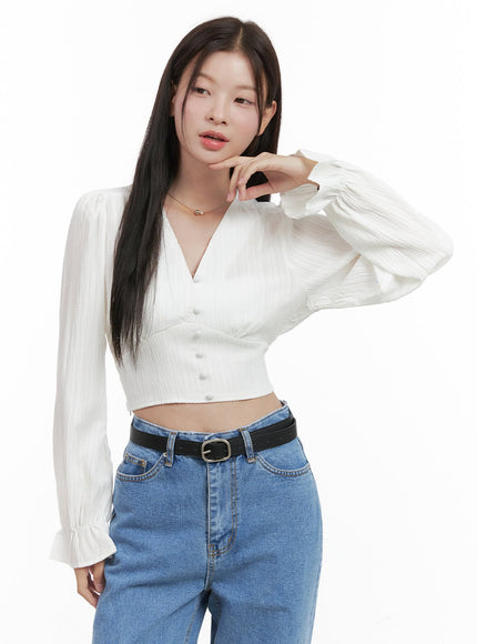 frill-sleeve-v-neck-crop-shirt-og416 / White