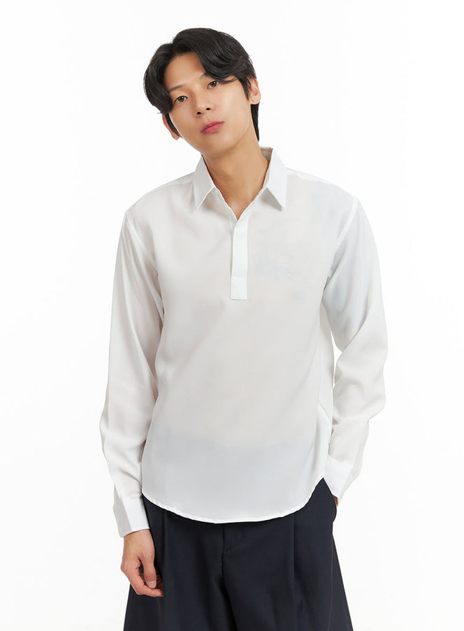 LEWKIN Men's Collared Long Sleeve Shirt IY416 in white, front upper-body shot on model, pullover style with hidden placket and spread collar, paired with black wide-leg trousers.