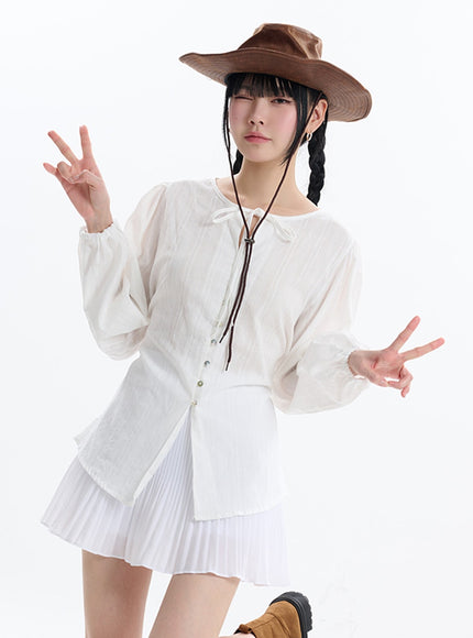 collarless-bowknot-long-sleeve-blouse-if413 / White