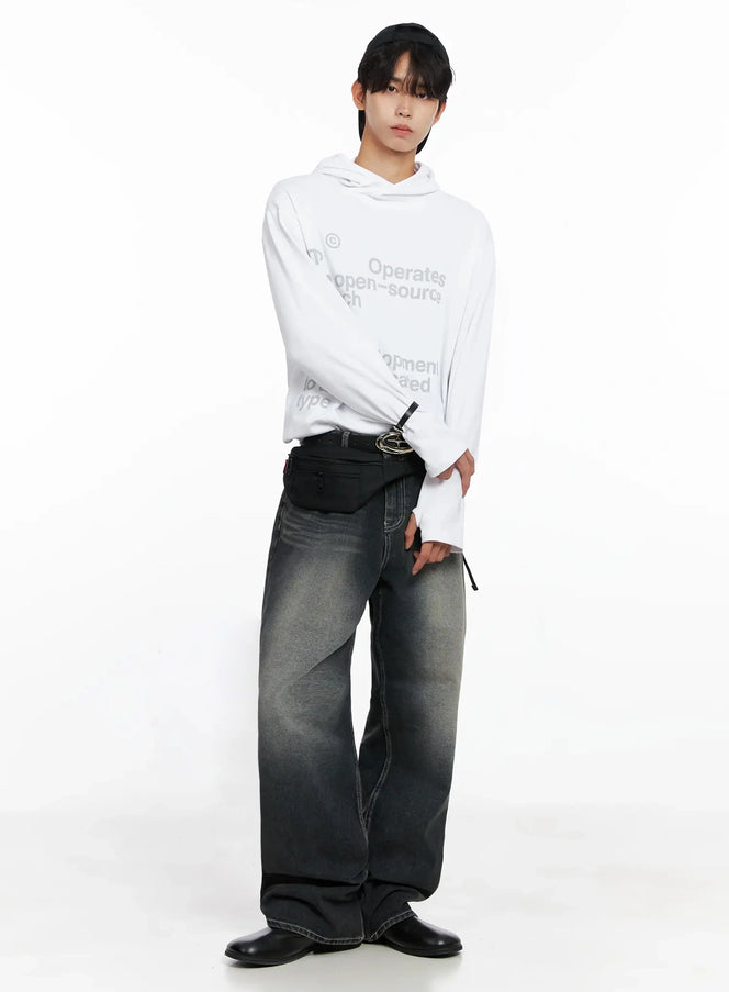 LEWKIN Men's Lettering Hand Warmer Hoodie IO517 in white, full-body front on model, cropped hoodie with tonal open-source text print, thumb-hole cuffs, styled with washed wide-leg jeans and belt bag.