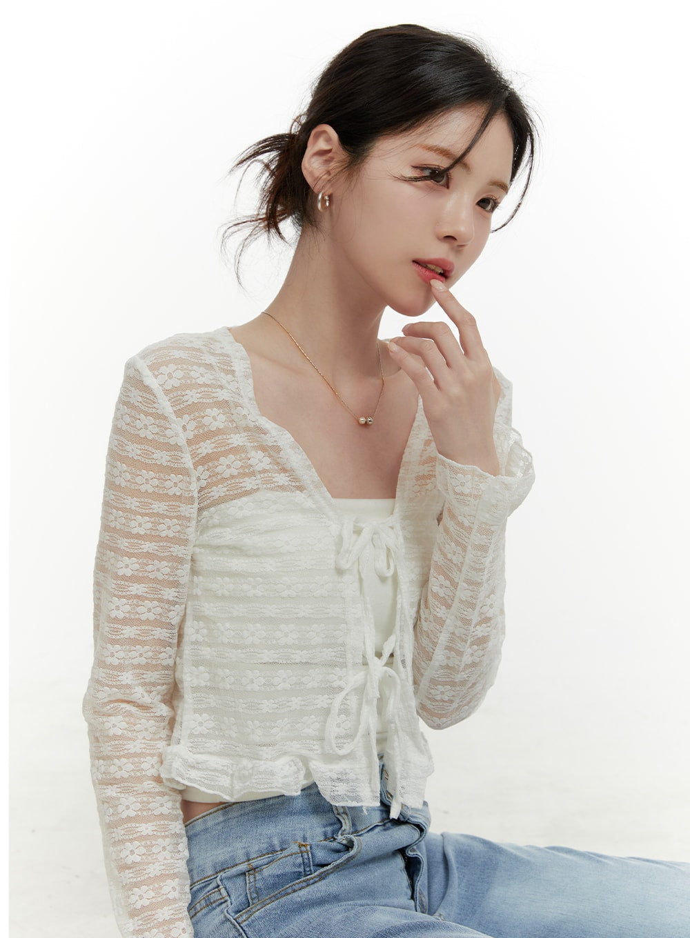 floral-hollow-out-bowknot-cardigan-oa405 / White