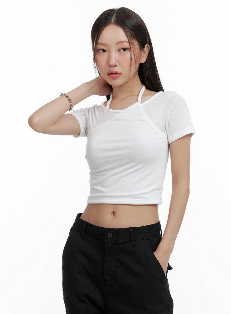 layered-halter-neck-crop-top-ol401 / White