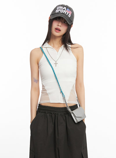 mesh-sleeveless-collared-crop-top-iy502 / White
