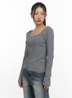 striped-cotton-u-neck-long-sleeve-tee-cn412 / White