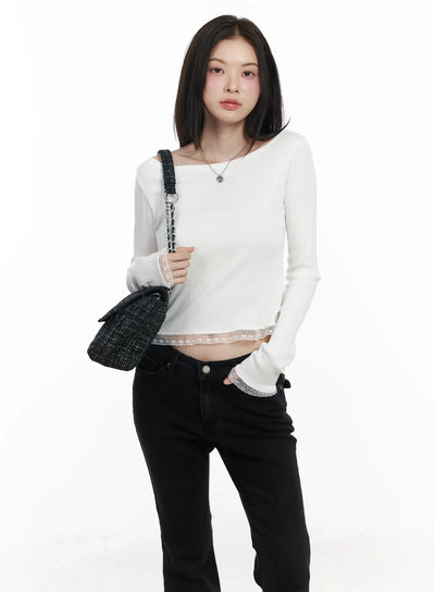 heart-lace-frill-hem-boat-neck-top-if520 / White