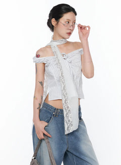 striped-off-shoulder-blouse-ca524 / White