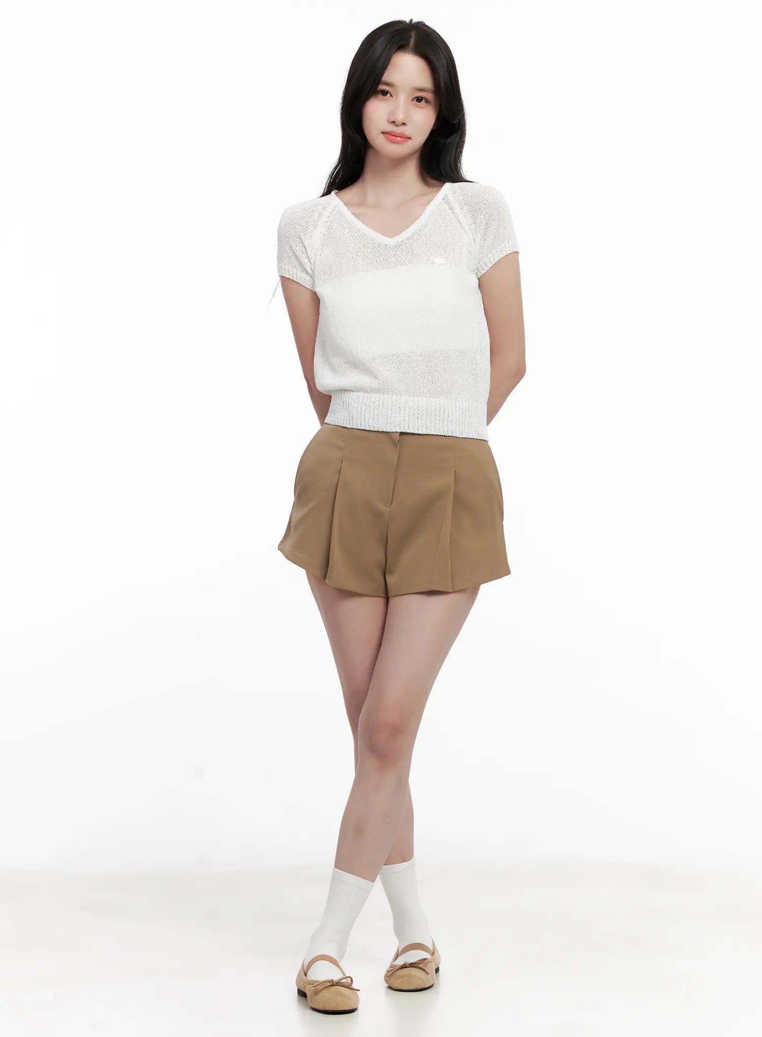 v-neck-knit-short-sleeve-top-cl515 / White