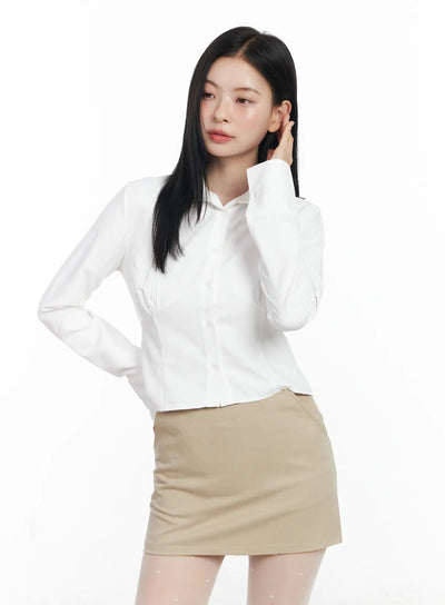 shirred-back-buckle-crop-long-sleeve-blouse-cj520 / White