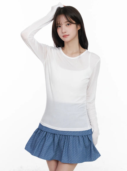 sheer-round-neck-long-sleeve-top-cm527 / White