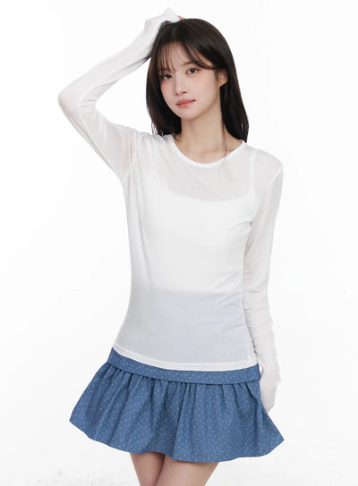 sheer-round-neck-long-sleeve-top-cm527 / White