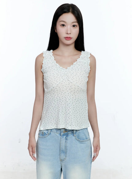 ruffle-v-neck-sleeveless-top-cg512 / White