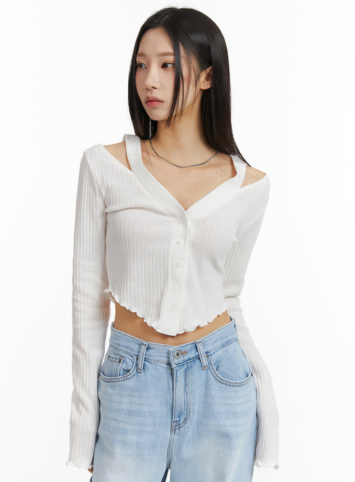 cut-out-buttoned-long-sleeve-crop-top-cj408 / White