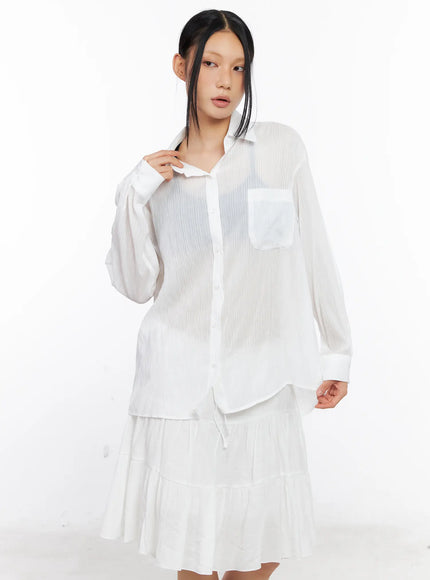 sheer-long-sleeve-button-down-shirt-cl529 / White