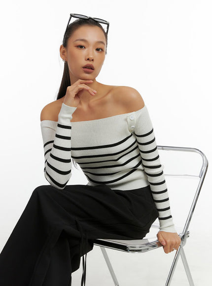 stripe-buttoned-off-shoulder-top-io409 / White