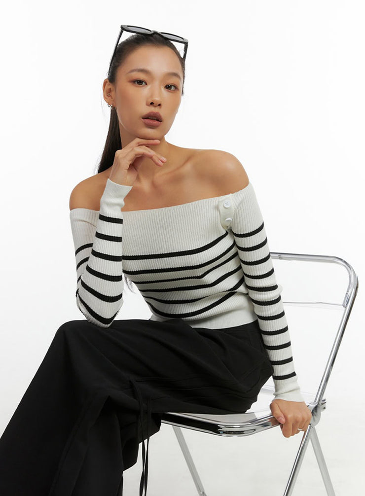 stripe-buttoned-off-shoulder-top-io409 / White