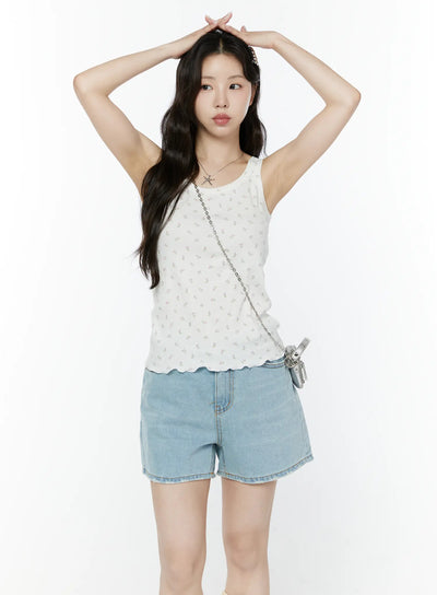 floral-ribbed-double-strap-tank-iy507 / White