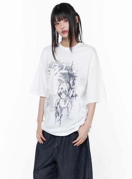 Casual Graphic Short Sleeve Top CU519 in White, front half-body shot on model, oversized cotton tee with dark anime girl and thorn illustration, paired with wide-leg dark denim.