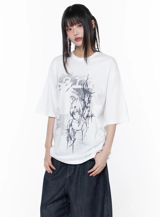 LEWKIN Casual Graphic Short Sleeve Top CU519 in White, front half-body shot on model, oversized cotton tee with dark anime girl and thorn illustration, paired with wide-leg dark denim.