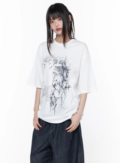 Casual Graphic Short Sleeve Top CU519 in White, front half-body shot on model, oversized cotton tee with dark anime girl and thorn illustration, paired with wide-leg dark denim.
