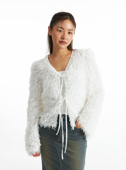 snowy-plush-front-tie-cardigan-co318 / White