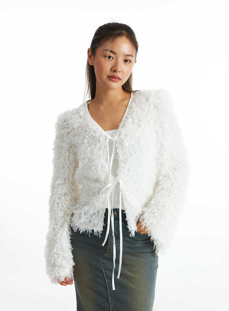 snowy-plush-front-tie-cardigan-co318 / White