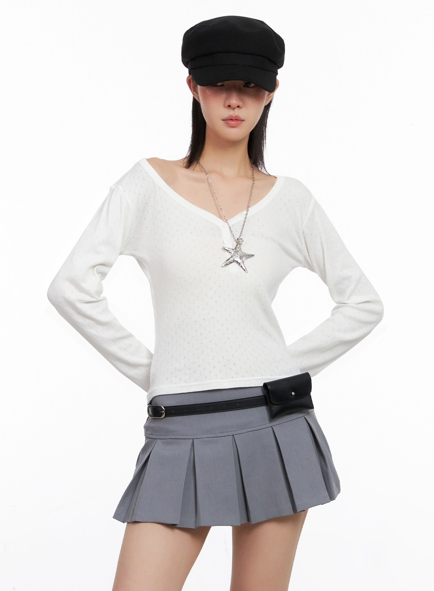 v-neck-eyelet-long-sleeve-top-is515 / White