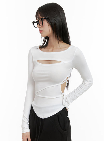 cut-out-tie-long-sleeve-crop-tee-cg426 / White