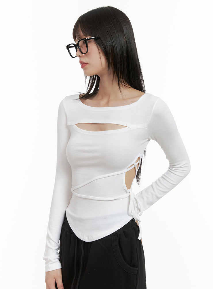 cut-out-tie-long-sleeve-crop-tee-cg426 / White