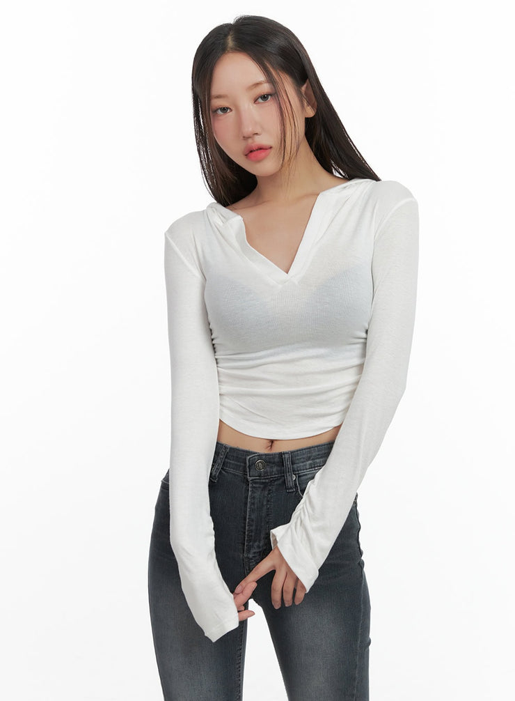 classic-slim-v-neck-crop-top-hoodie-co402 / White